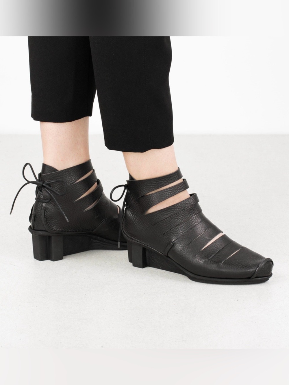 Trippen Fence‎ Leather Wedge Shoes Women's 37 US 6.5 Black Bootie Heel Lace-Up